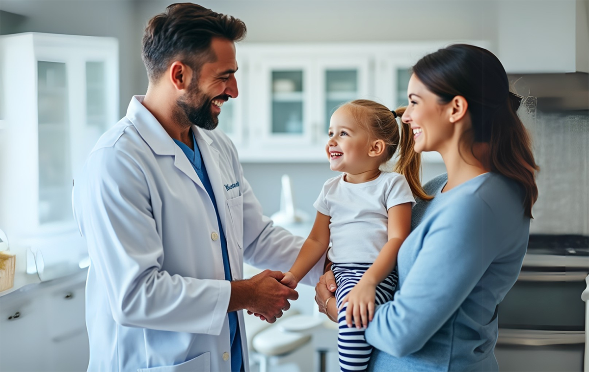 Dentista con bambina e mamma